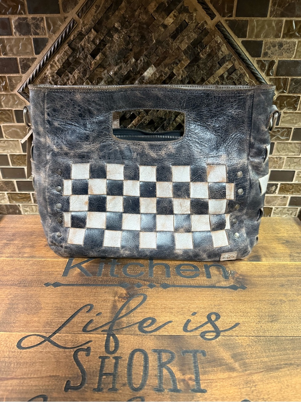 NWT BED|STU Orchid Crossbody Bag - Distressed Black & Cream Checkerboard - Picture 3 of 4